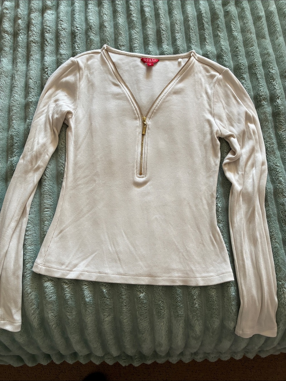GUESS Cream Ribbed Long Sleeve Zip-Neck Top